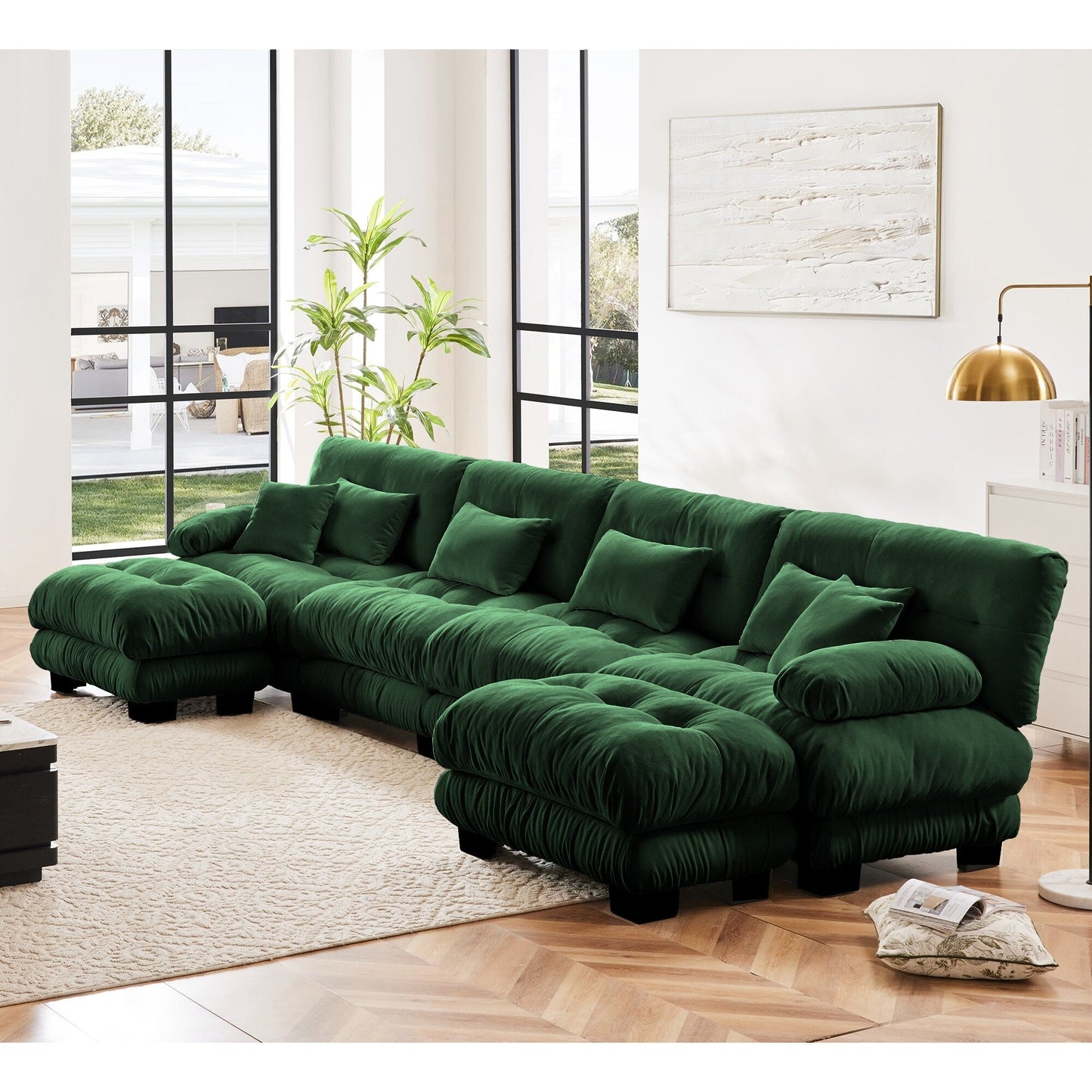 Free Combination Modular Chenille 4-Seater Sectional Sofa with 2 Ottomans and Pillow for Living Room