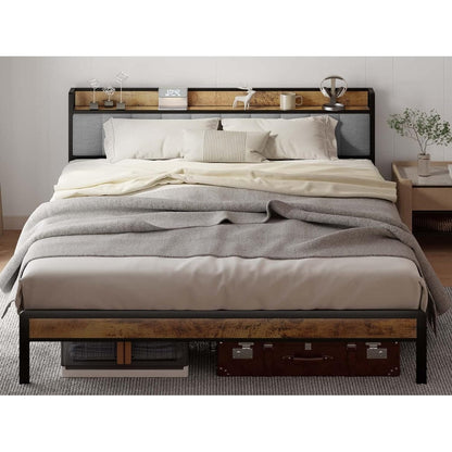 Twin / Full / Queen / King Size Metal Platform Bed Frame with Upholstered Storage Headboard