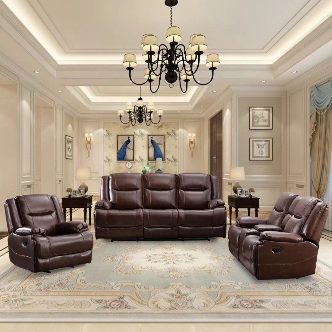 Genuine Leather Mid-century Modern Style Manual Recliners Sofa Set