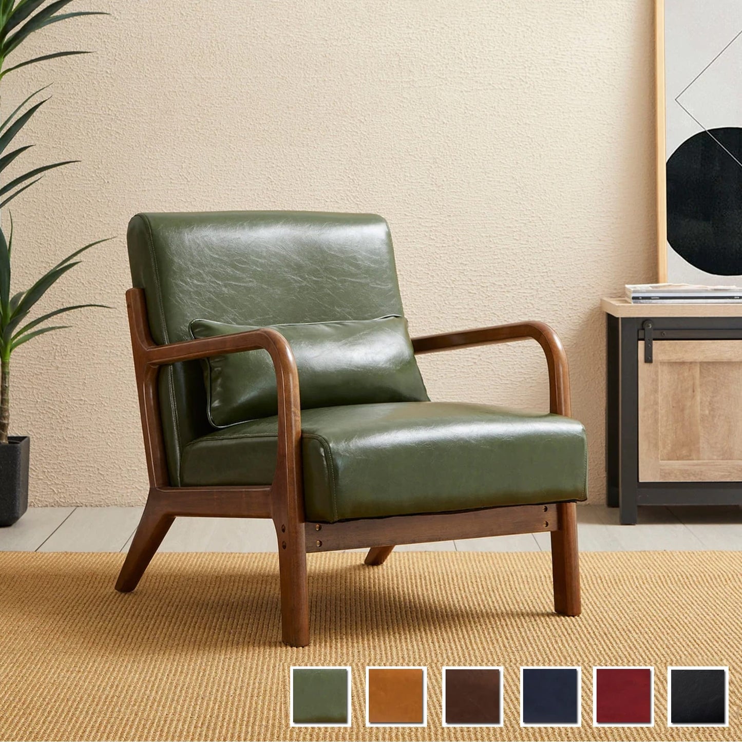 Glitzhome 30.75H Mid-Century Modern PU Leather Armchair Accent Chair with Pillow - 25.75W x 33.75D x 30.75H