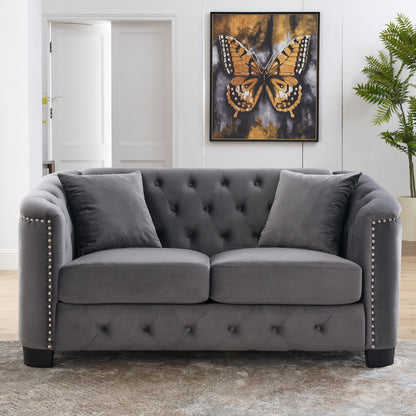 Grey 59'' Modern Velvet 2-Seater Sofa with Tufted Backrest and Nailhead Arms