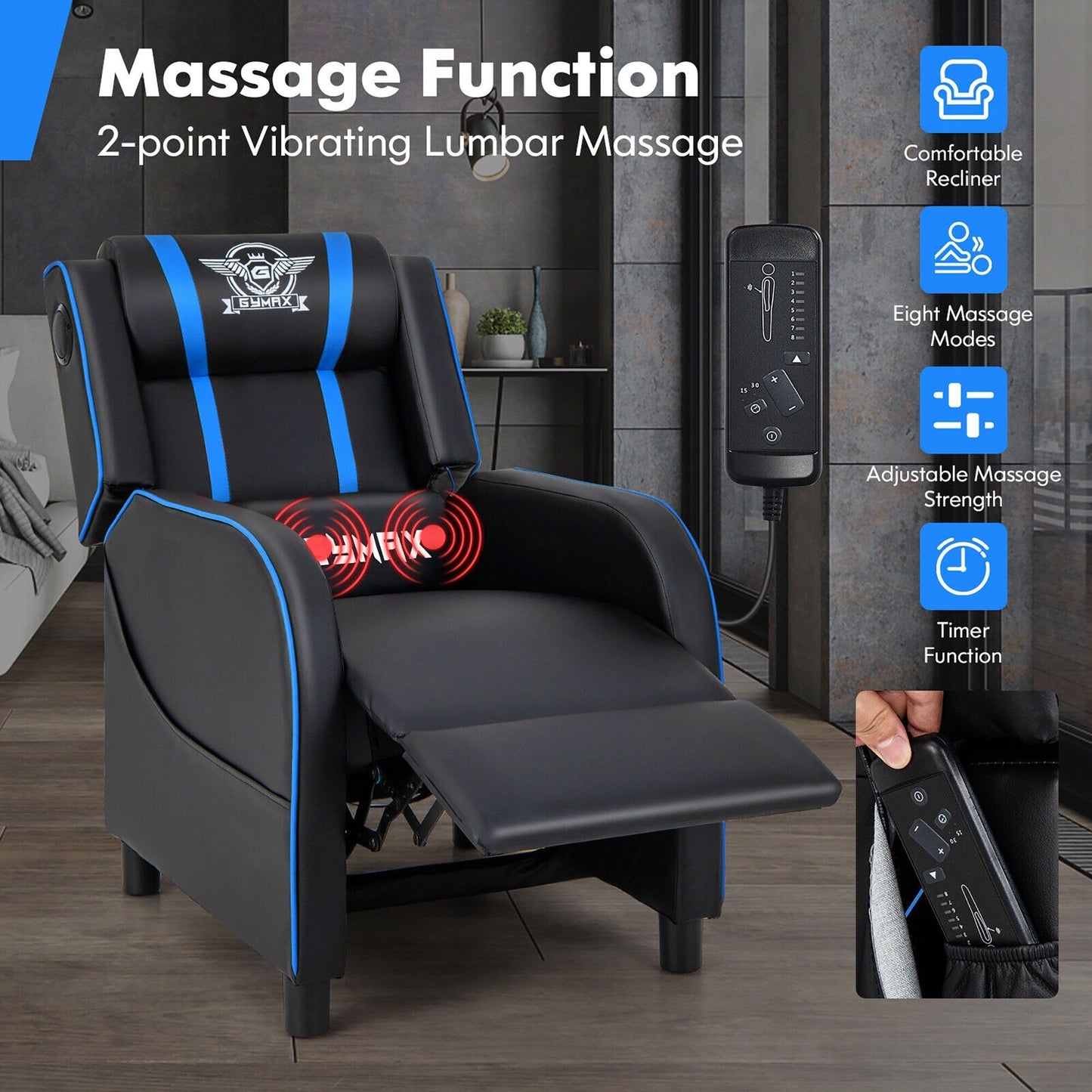 Gymax Massage Gaming Recliner Chair PU Leather Single Recliner Sofa