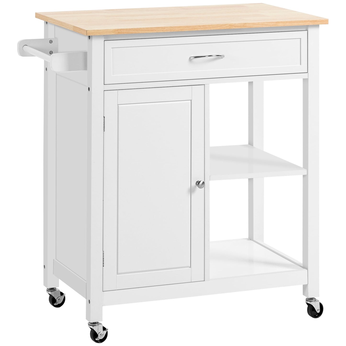HOMCOM Kitchen Trolley, Wood Top Utility Cart on Wheels with Open Shelf and Storage Drawer for Dining Room, Kitchen