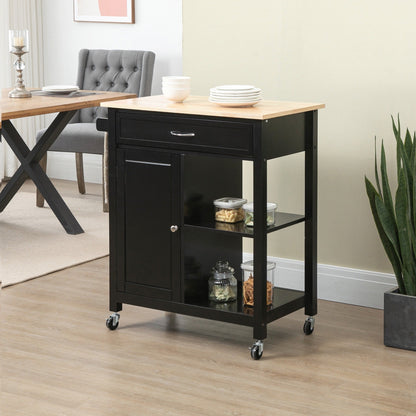 HOMCOM Kitchen Trolley, Wood Top Utility Cart on Wheels with Open Shelf and Storage Drawer for Dining Room, Kitchen