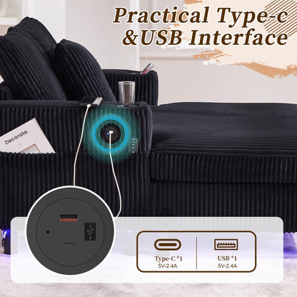 HOMEFUN Corduroy Upholstered Oversized RGB LED Light Recliner Sofa Bed with Cup Holder,USB&3 Pillows