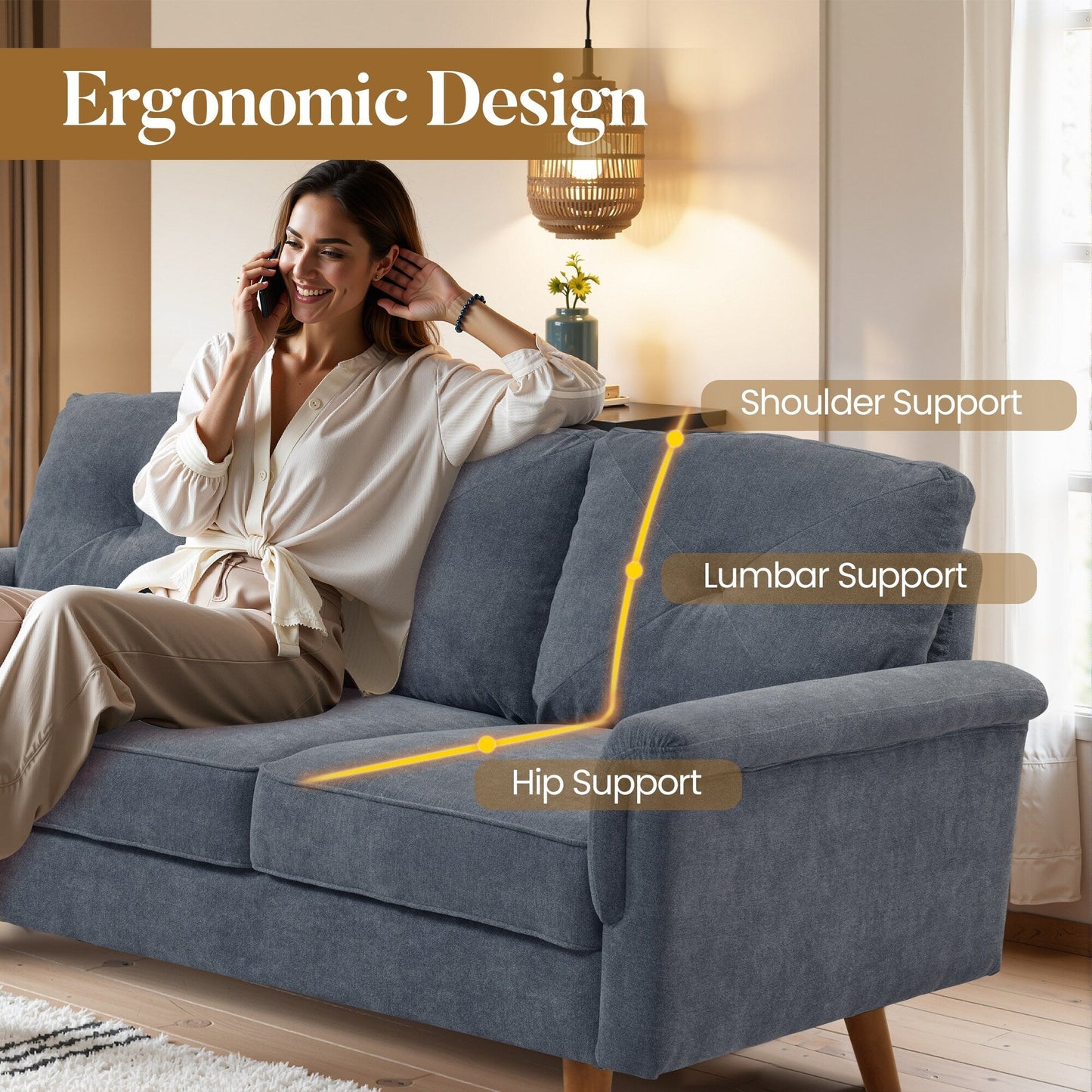 HOOOWOOO Mid-Century 3-Seat Upholstered Sofa with Wood Legs for Living Room