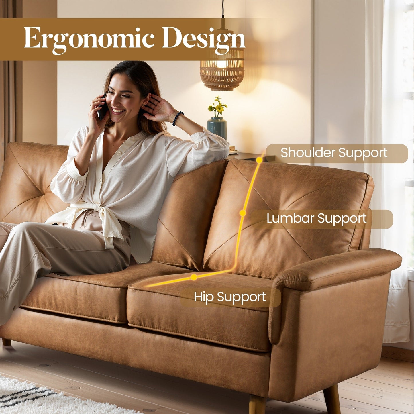 HOOOWOOO Mid-Century 3-Seat Upholstered Sofa with Wood Legs for Living Room