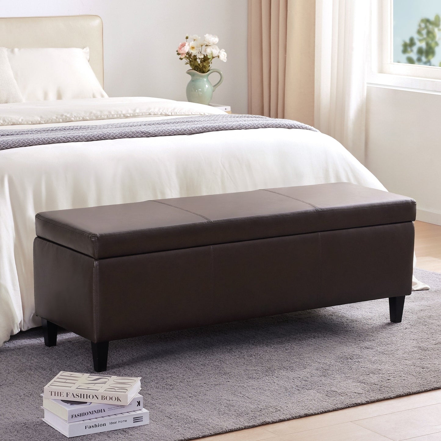 50.3 x 17.50 x 18 Upholstered Rectangular Storage Ottoman-Faux Leather