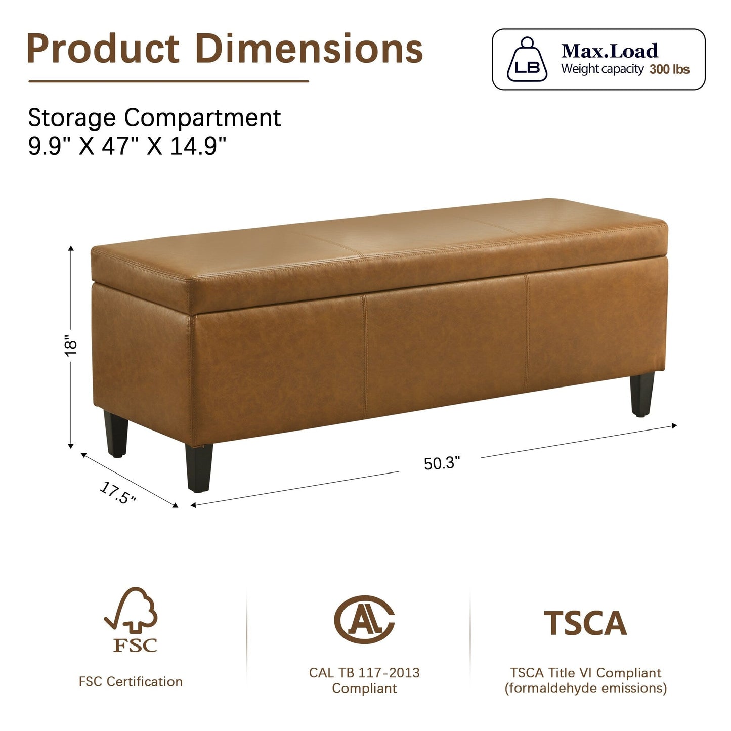 50.3 x 17.50 x 18 Upholstered Rectangular Storage Ottoman-Faux Leather