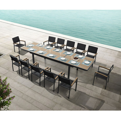 Heck 13 Pieces FSC Teak Aluminum Outdoor Dining Set for 12 Person, Extendable Table and Stackable Chair, Charcoal Black