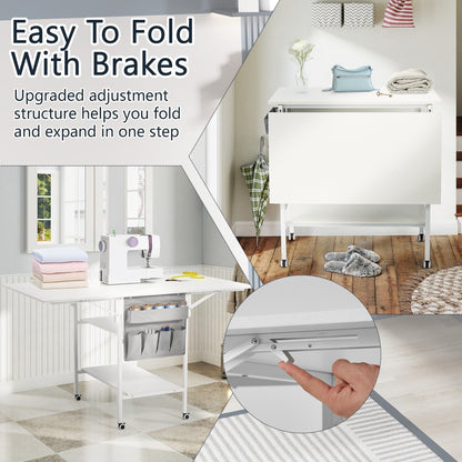 Height Adjustable Craft Table with Storage Shelves, Mobile Folding Cutting Table for Home Office Sewing Room Craft Room