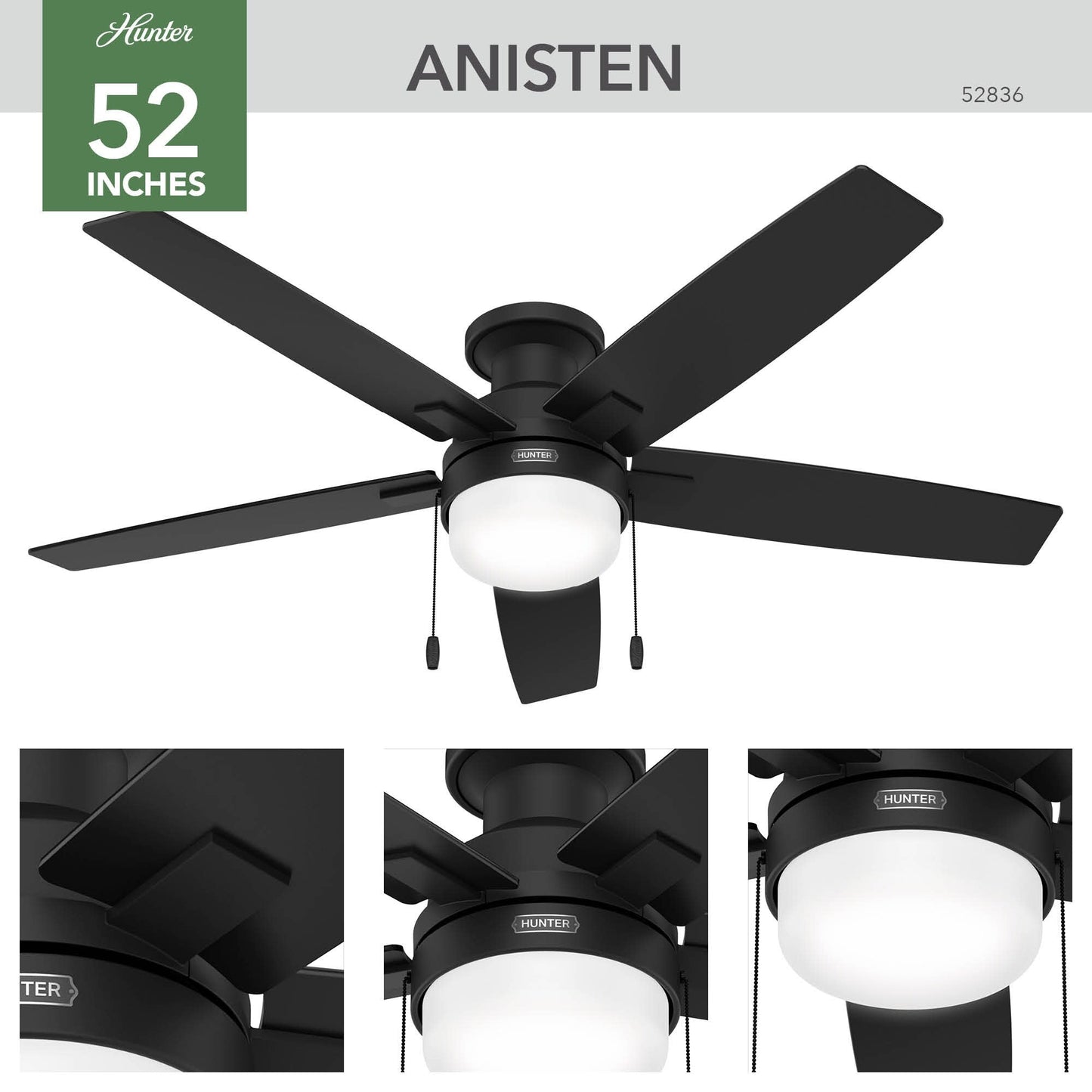 Hunter 52 Anisten Low Profile Ceiling Fan with LED Light and Pull Chain - Modern, Contemporary, Transitional