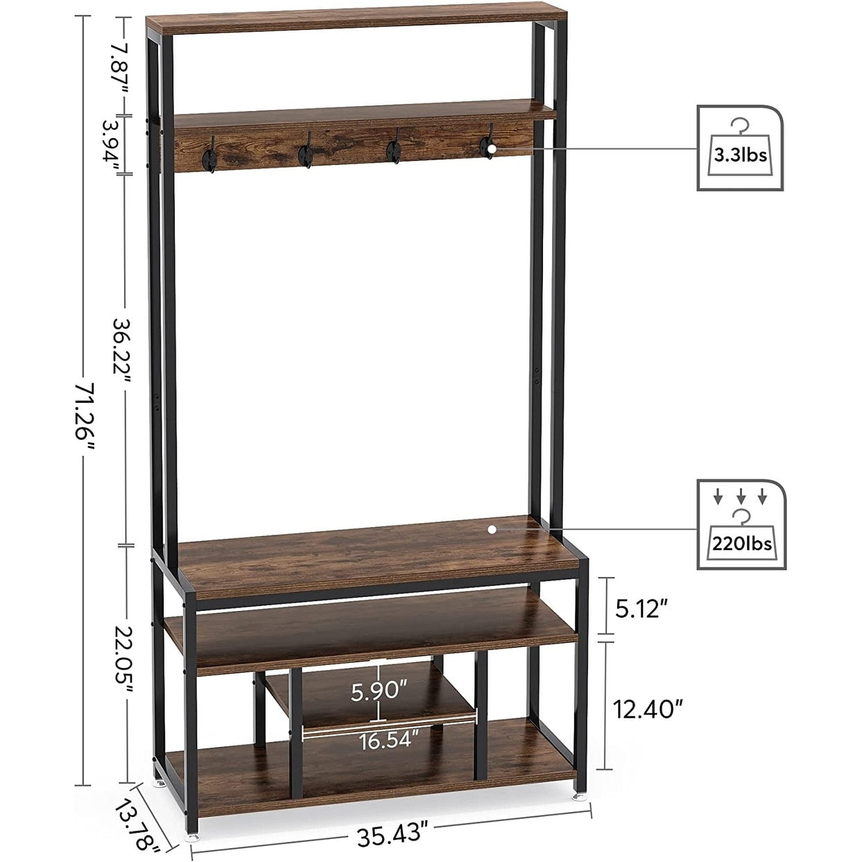 Industrial Hall Tree, Entryway Shoe Bench with Coat Rack Hook and Storage Shelving