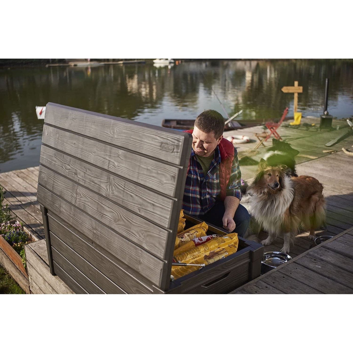 Keter Brightwood 120gal Weatherproof Resin Patio Deck Storage Box Bench, Brown - 40