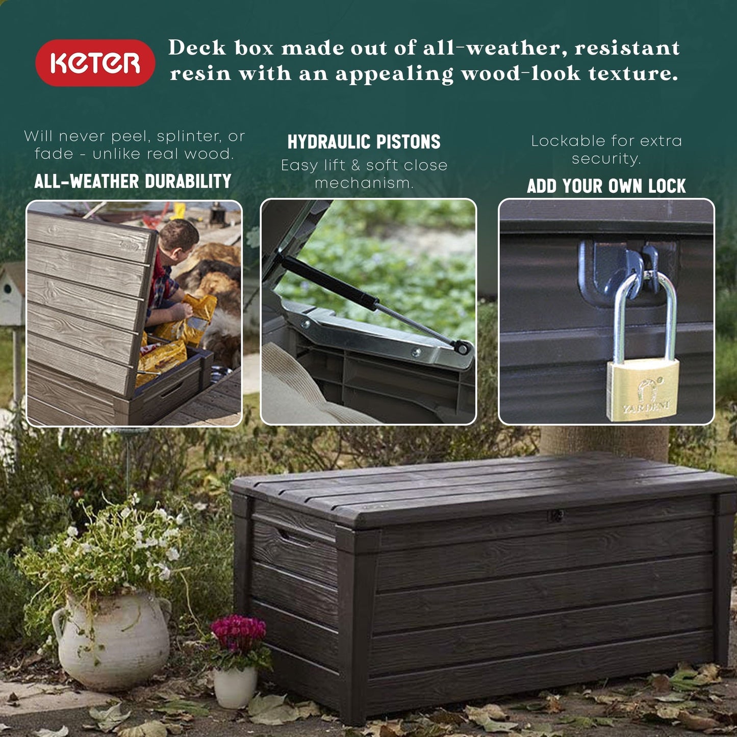 Keter Brightwood 120gal Weatherproof Resin Patio Deck Storage Box Bench, Brown - 40