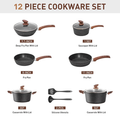 Kitchen Cookware Sets Nonstick, 12 Piece Pots and Pans Set Granite Cooking Set