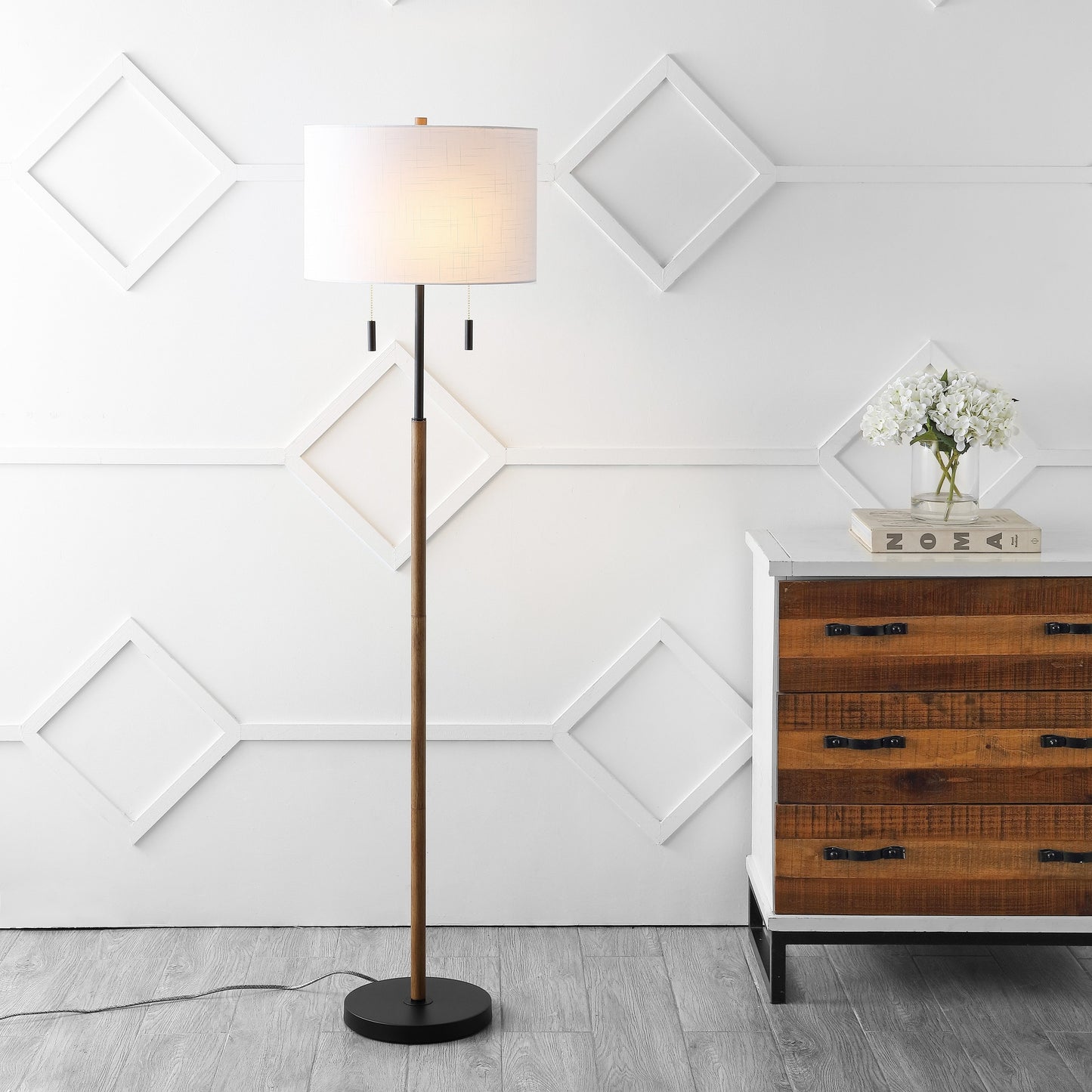 Koda 61 Rustic Farmhouse Iron Candlestick Pull Chains LED Floor Lamp, Brown Wood Finish/Black by JONATHAN Y