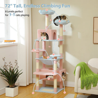 Large Cat Tower Cat Condo with Scratching Posts and Pads, 2 Padded Perch, Dual Condo and Basket