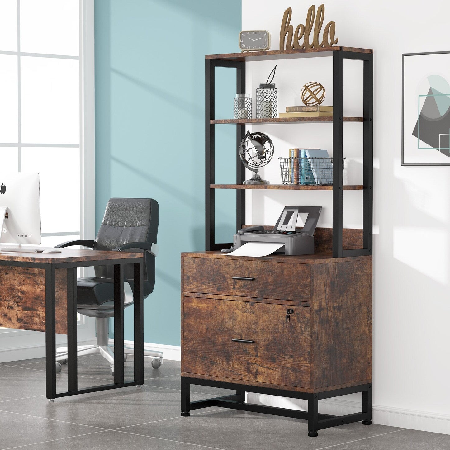 File Cabinet with 2 Drawer, Modern Filing Cabinet Printer Stand with Lock