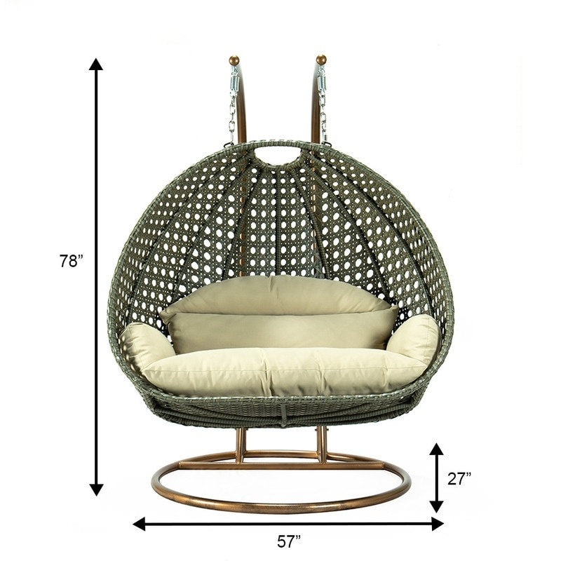LeisureMod 2 Person Hanging Egg Chair with Stand - Outdoor/Indoor Rattan Wicker Patio Swing Hammock Lounger with Cushions