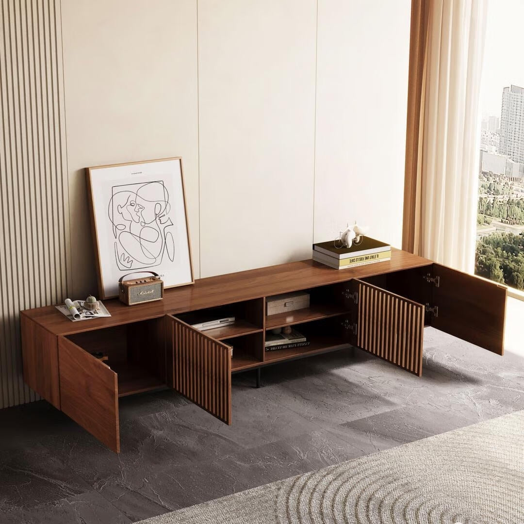 Mid-Century Modern TV Stand with 4 Doors Storage Cabinets, Fits TVs Up to 100 Inches, Living Room Entertainment Center