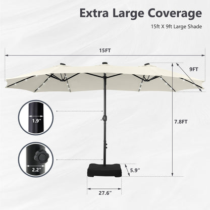 MAISON ARTS 15-foot Rectangular Crank Double-sided Outdoor Market Umbrella Solar LED Lighted Patio Umbrella with Base Included