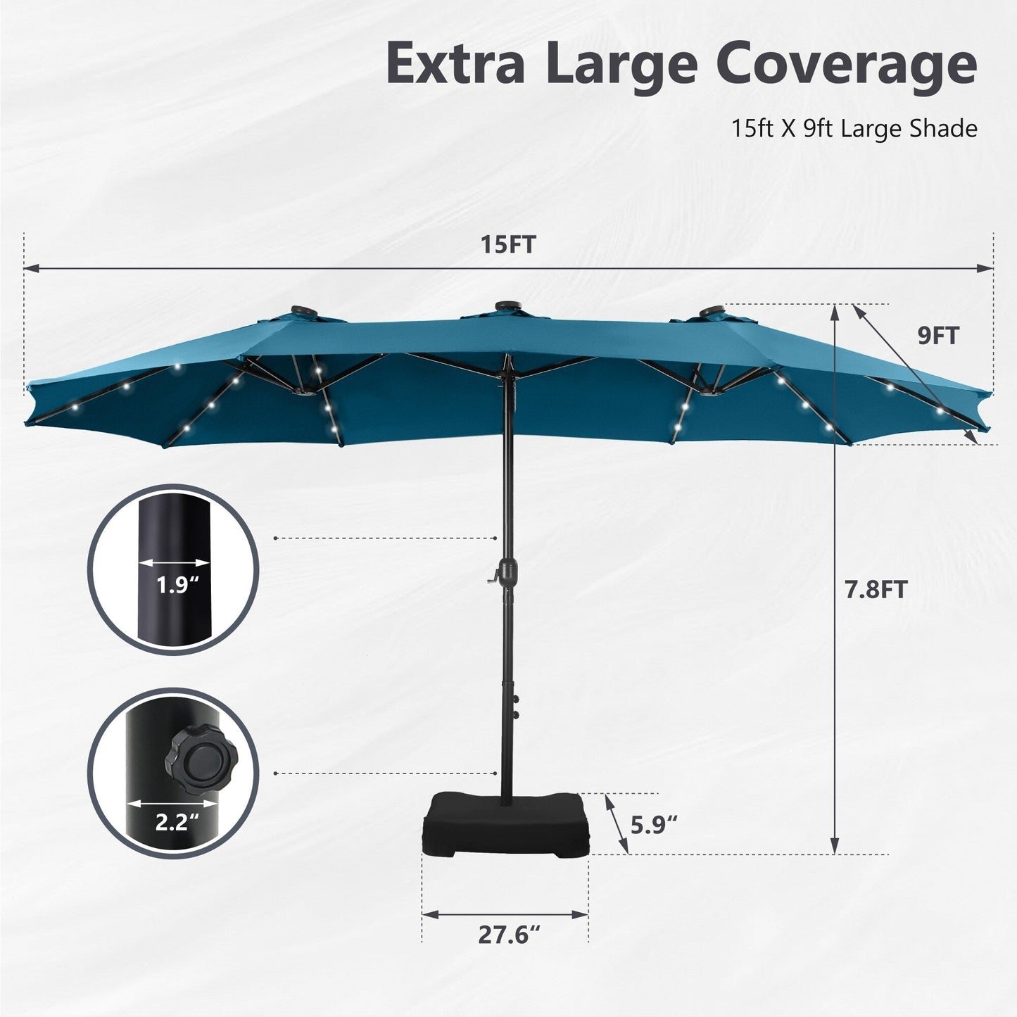 MAISON ARTS 15-foot Rectangular Crank Double-sided Outdoor Market Umbrella Solar LED Lighted Patio Umbrella with Base Included