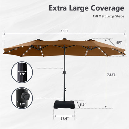 MAISON ARTS 15-foot Rectangular Crank Double-sided Outdoor Market Umbrella Solar LED Lighted Patio Umbrella with Base Included