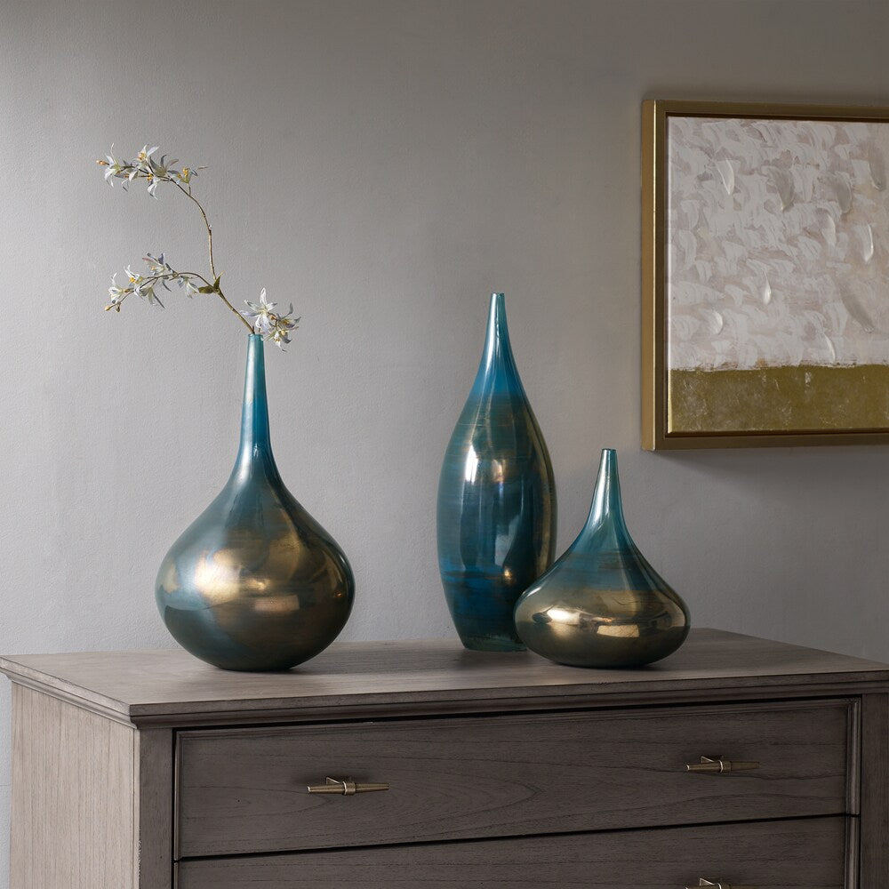 Madison Park Signature Aurora Blue and Bronze Decorative Glass Vases 3-piece set
