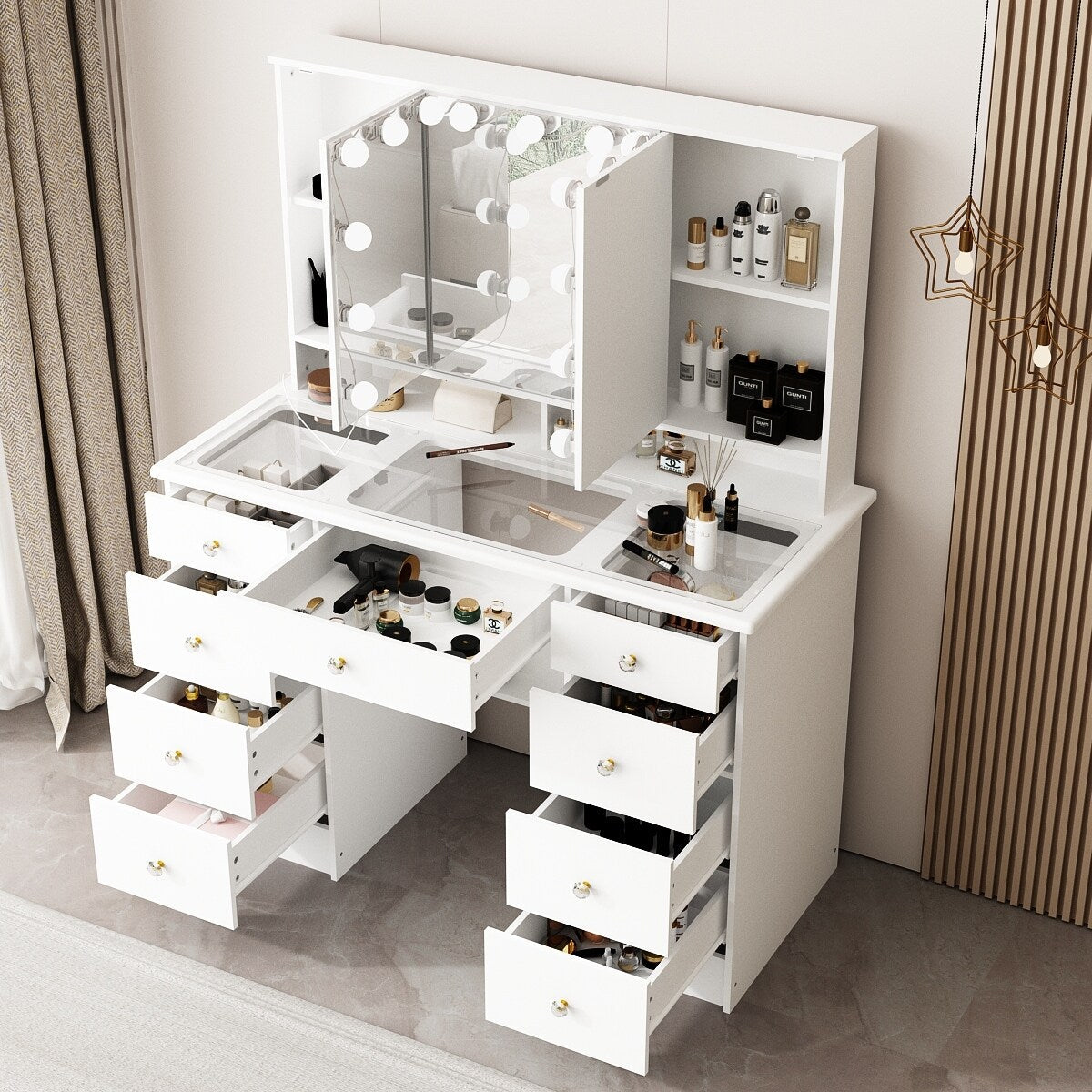 Makeup Vanity w/Tri-Fold Mirror Certified Lighting Glass Top Dresser