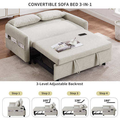 Modern 2 Seat Couch, Microfiber Pull Out Sleep Sofa Bed wih Adjsutable Backrest, Storage Pockets, 2 Soft Pillows, USB Ports