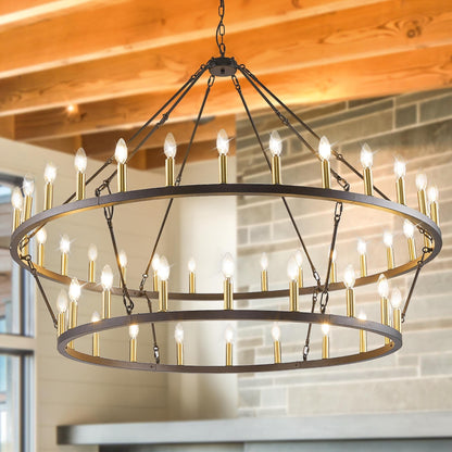 Modern Farmhouse Chandelier 2 Tier Round Wagon Wheel Chandelier Large High Ceiling Light.