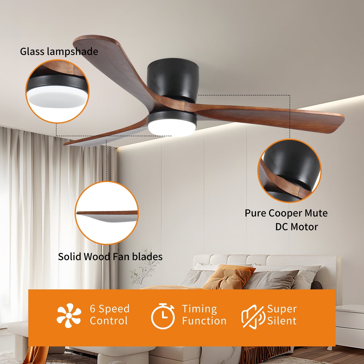 Modern Flush Mount Chandelier Ceiling Fans with Dimmable LED Light & Remote, Livingroom 42 Reversible Motor Ceiling Fans, Black