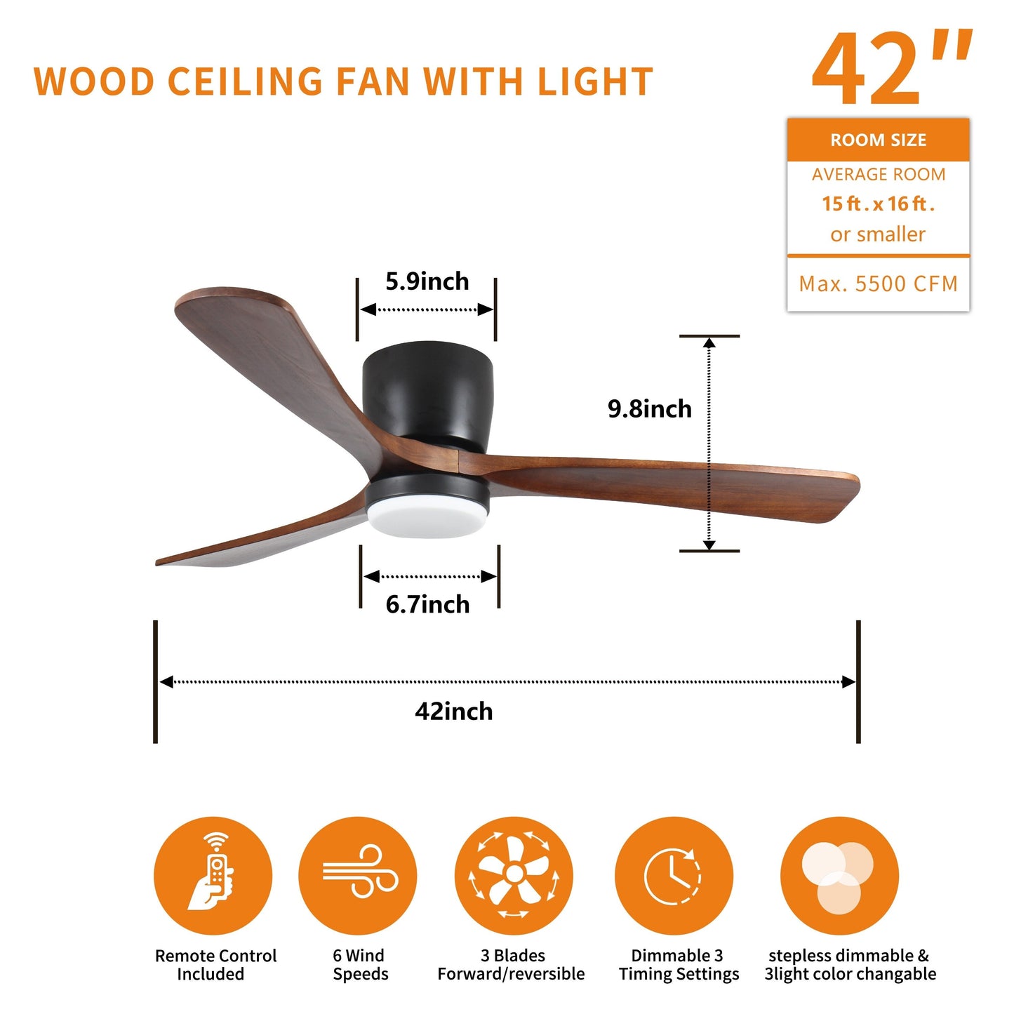 Modern Flush Mount Chandelier Ceiling Fans with Dimmable LED Light & Remote, Livingroom 42 Reversible Motor Ceiling Fans, Black