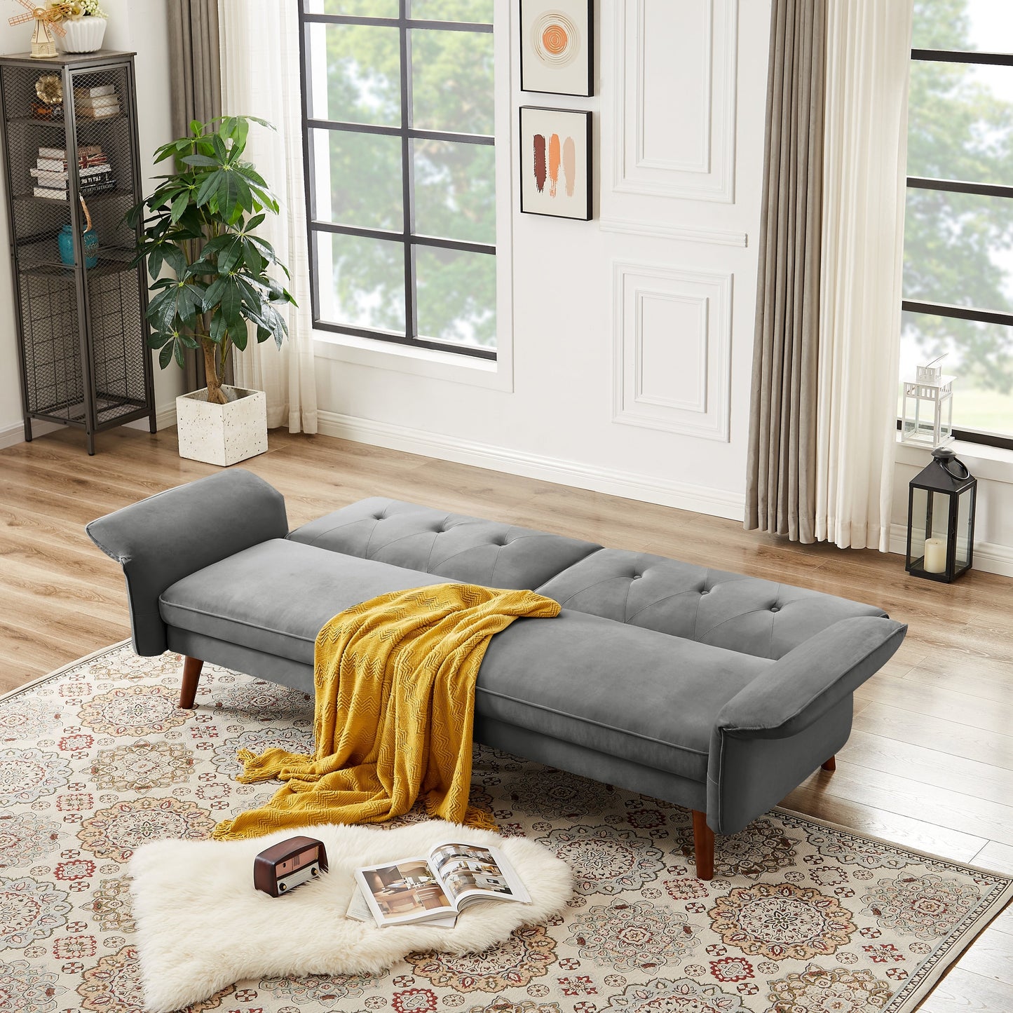Modern Futon Sofa Bed, Convertible Sleeper Sofa with Tapered Wood Legs, 78.35 W, Small Split Back Sofa for Living Room