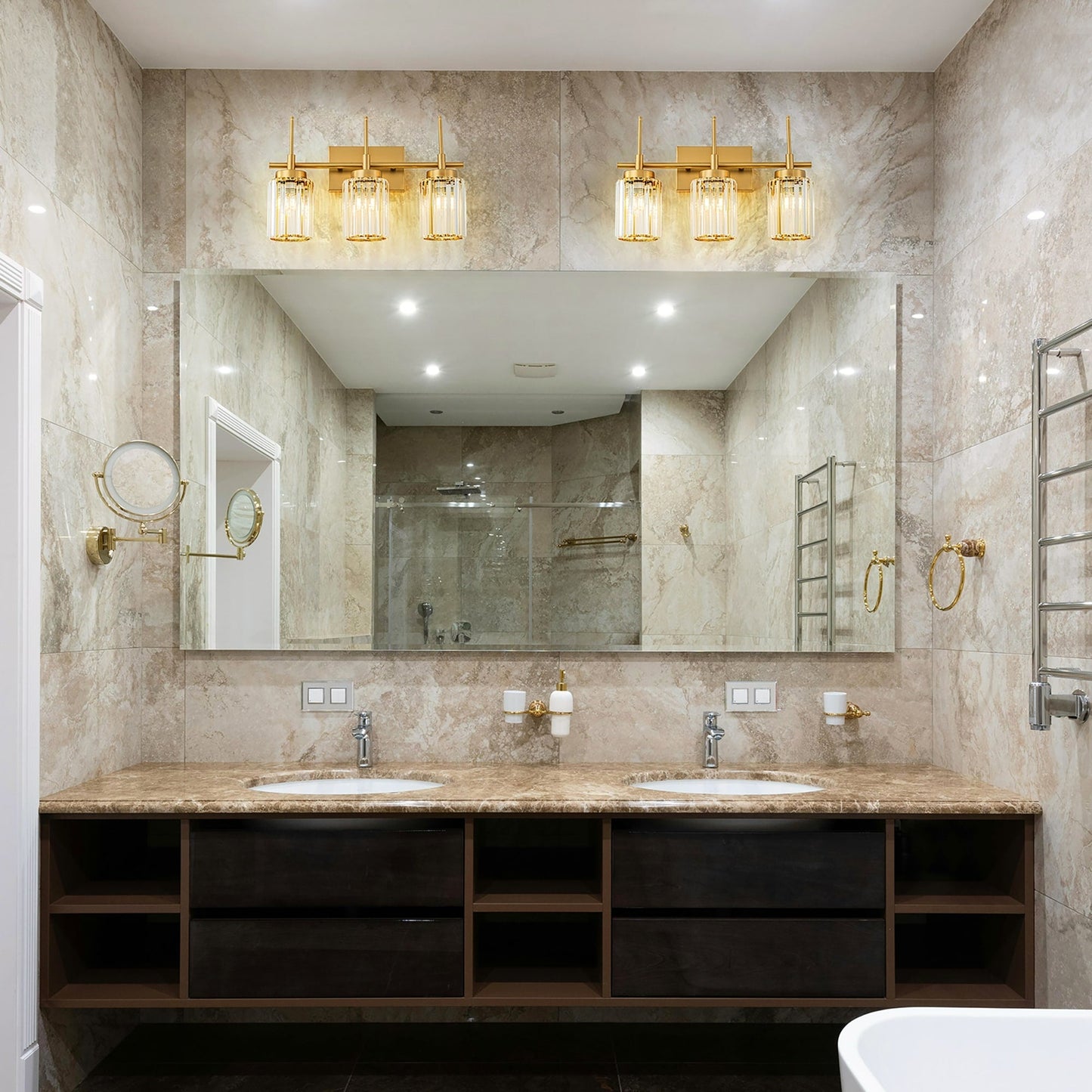 Modern Gold Dimmable Wall Light Glam Cylinder Bathroom Crystal Vanity Light Wall Sconces