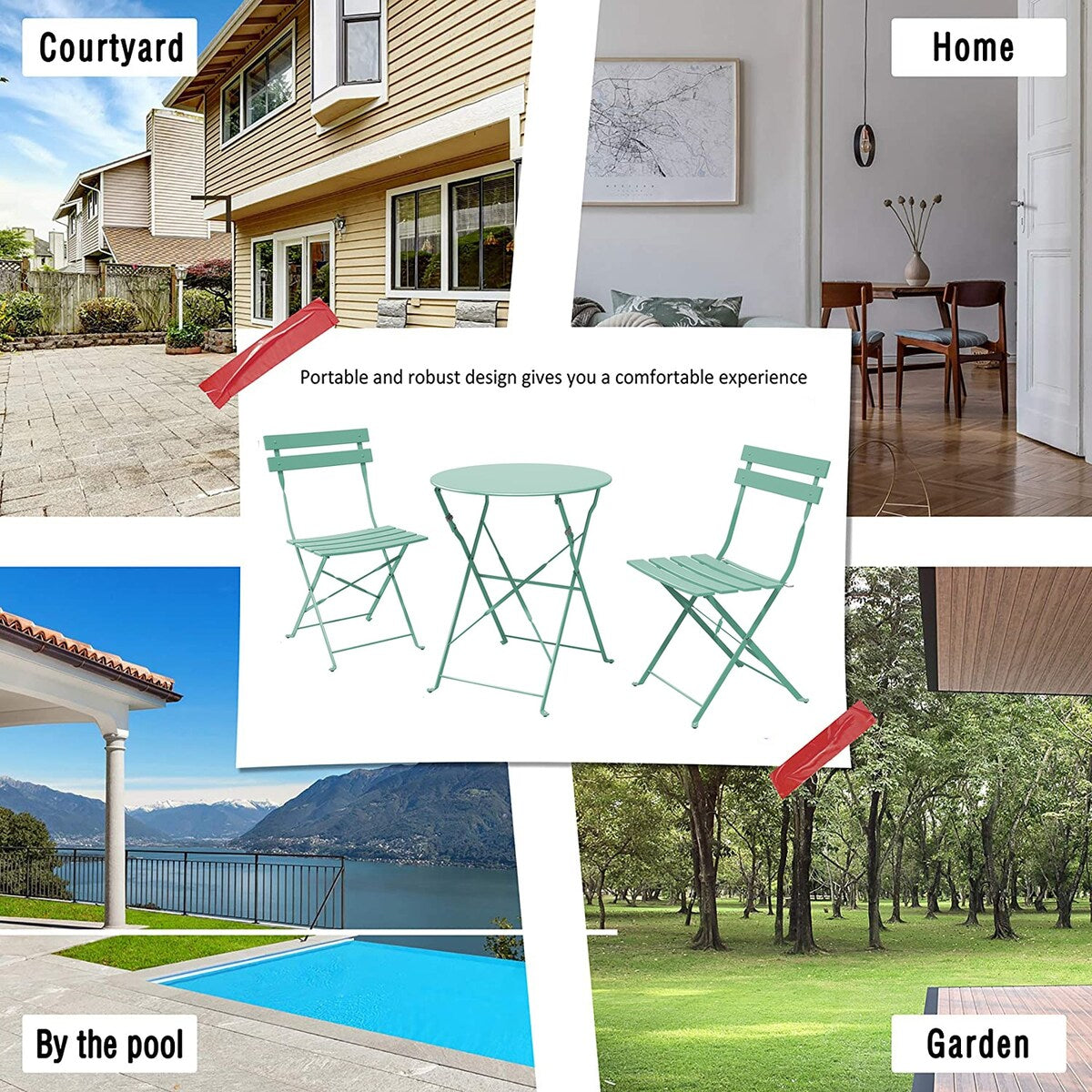 3pc Metal Folding Bistro Set, Weather-Resistant Outdoor/Indoor Conversation Set for Patio, Yard, Garden