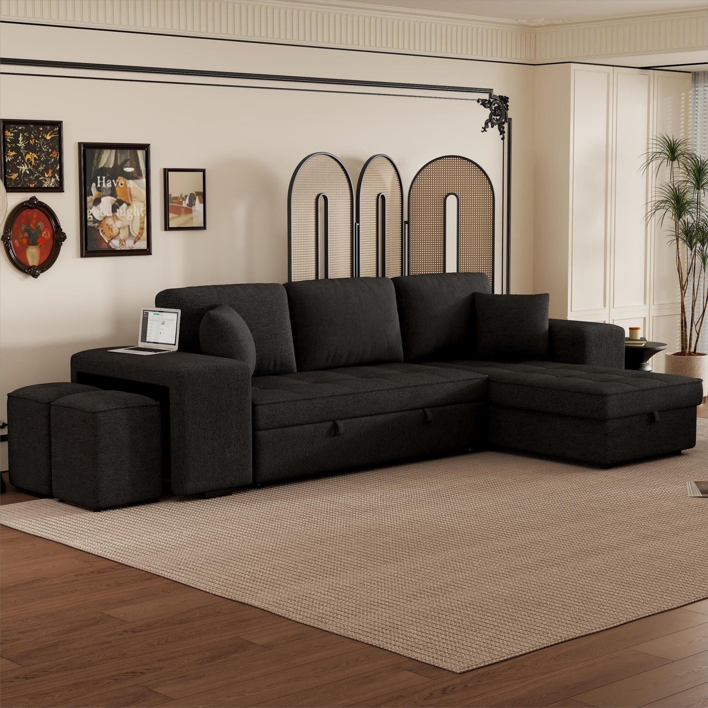 Modern L-Shaped Pull-Out Sectional Sofa Bed with Reversible Chaise, Storage and 2 Stools for Living Room Apartment