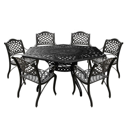 Modern Ornate Outdoor Mesh Aluminum 63-in Large Hexagon Patio Dining Set with Lazy Susan and Six Chairs - N/A