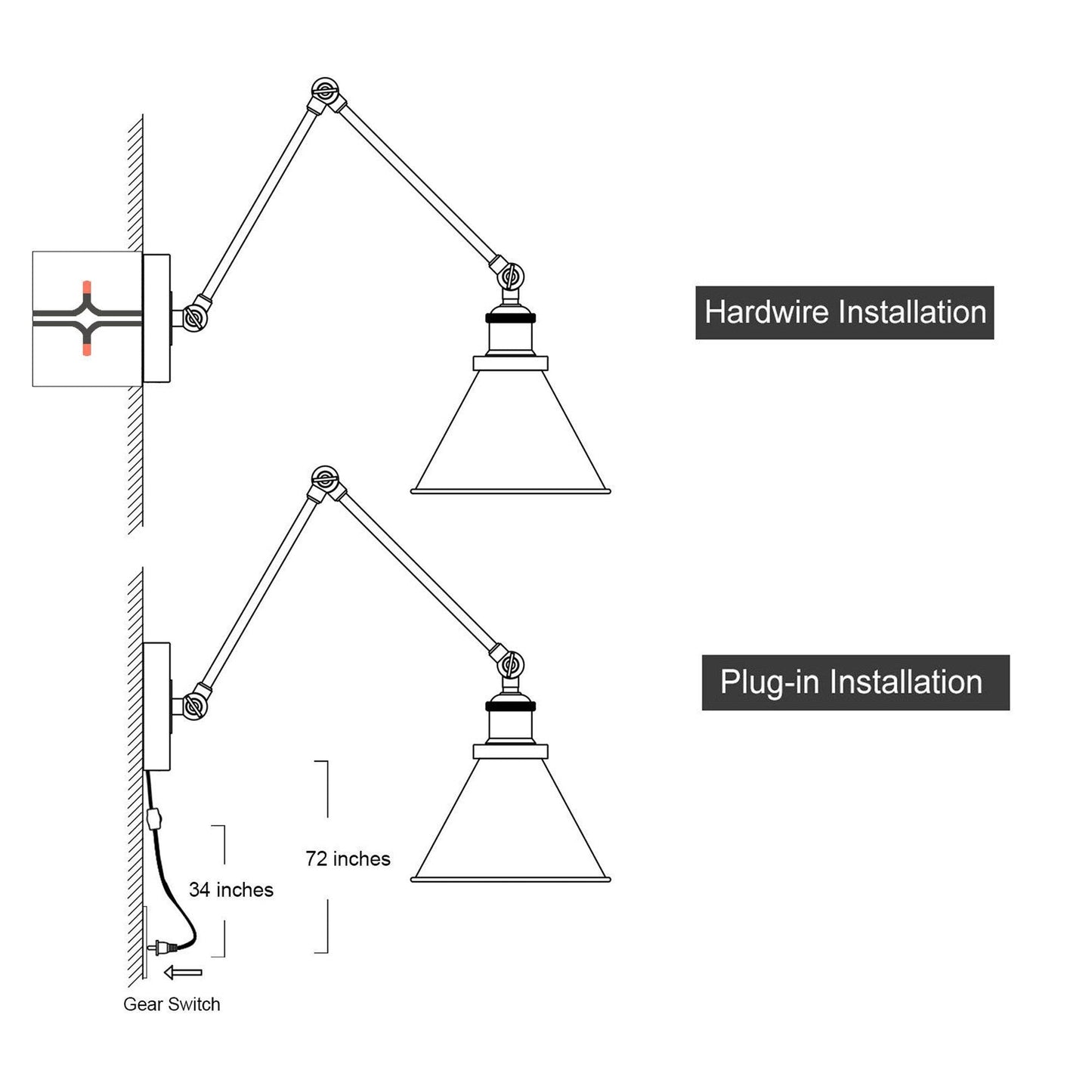 Set of 2 Modern Adjustable Swing Arm Lights Plug-in Hardwire Wall Sconces
