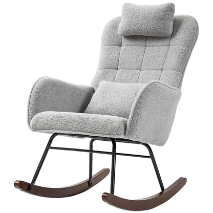 Modern Upholstered Rocking Nursery Glider Chair with High Backrest, Headrest and Lumbar Pillow for Living Room or Bedroom
