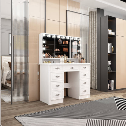 Modern White Makeup Vanity Fold Mirror Adjustable Lighting Dressing - 40.2x54.1