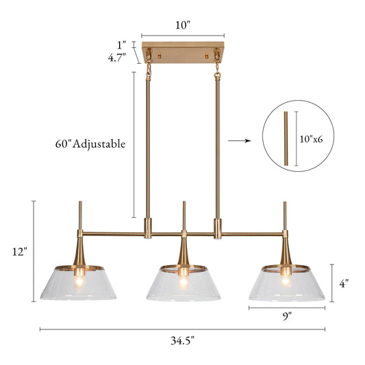 Mola Modern Gold 3-Light Seeded Glass Chandelier Linear Island Pendant Light for Dining Room
