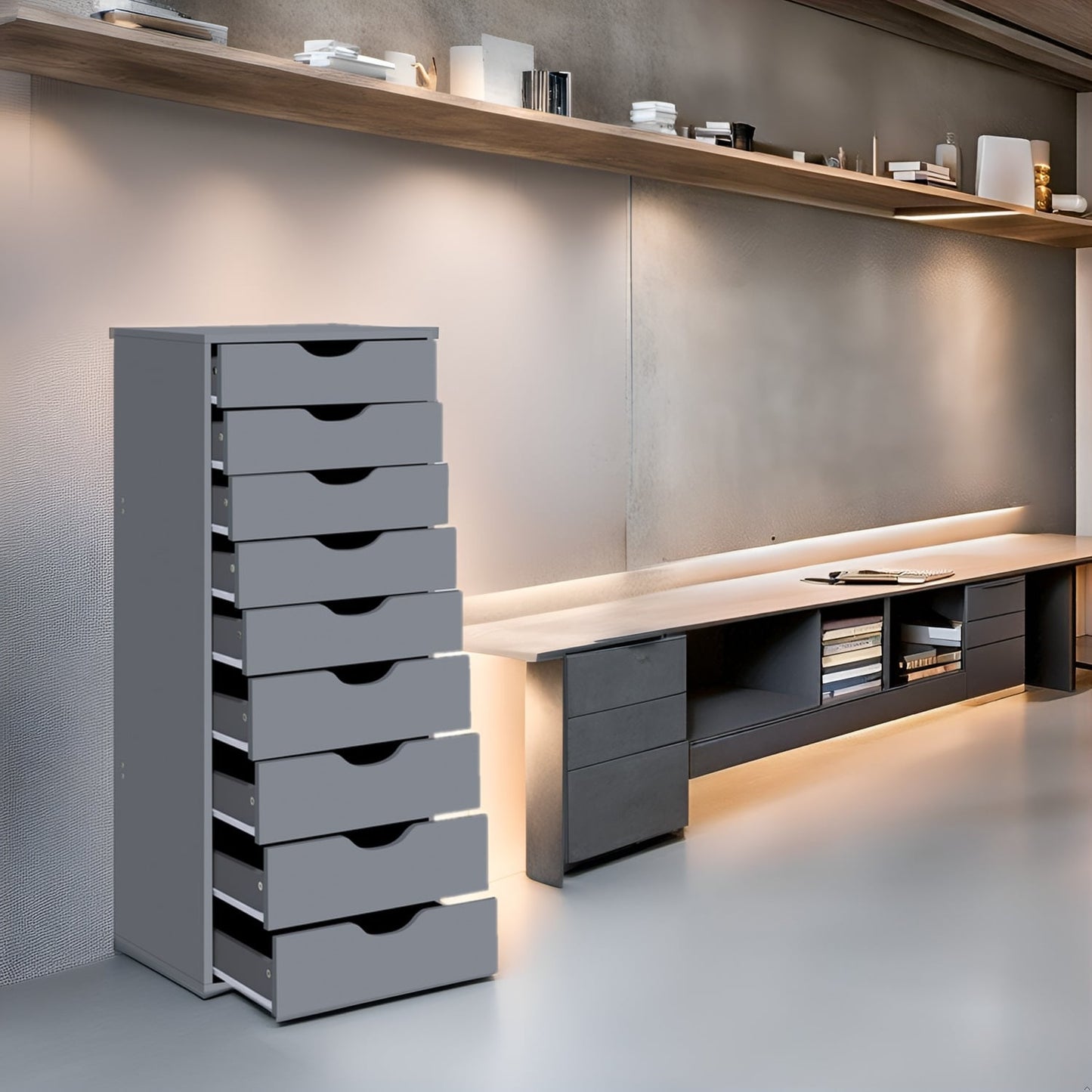 Narrow Wooden 9-Drawer Cabinet with Smooth-Glide Drawers and Top Storage Shelf