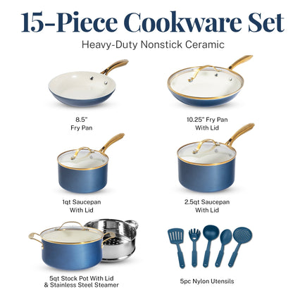 Gotham Steel Natural Collection Pots and Pans 15 Pc Ultra Performance Ceramic Nonstick Cookware Set in Navy