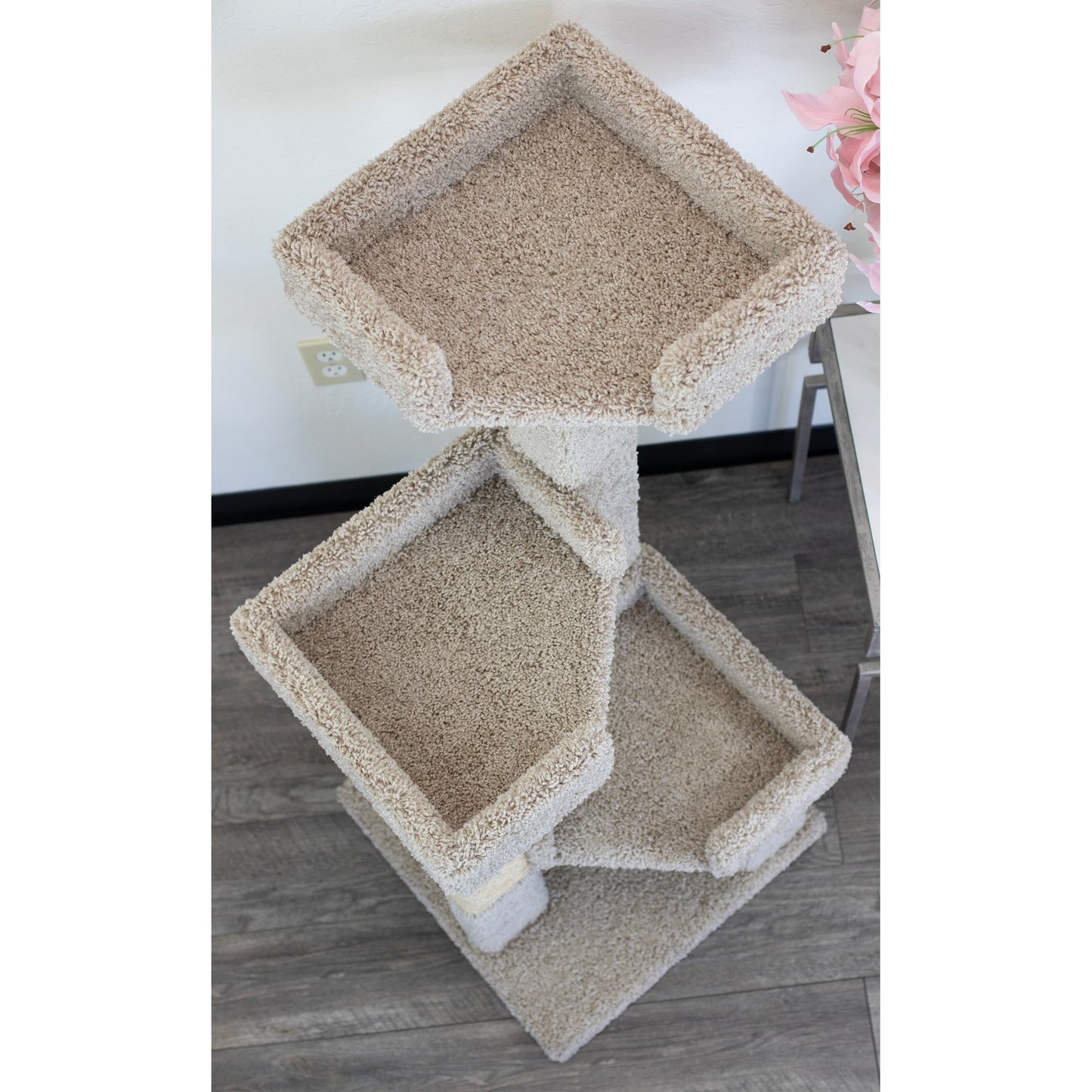New Cat Condos 3 Level Solid Wood and Carpet Kitty Tree