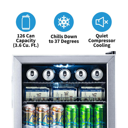Newair 126-Can Capacity Beverage Refrigerator, Mini Fridge with Glass Door and Adjustable Shelves, Stainless Steel