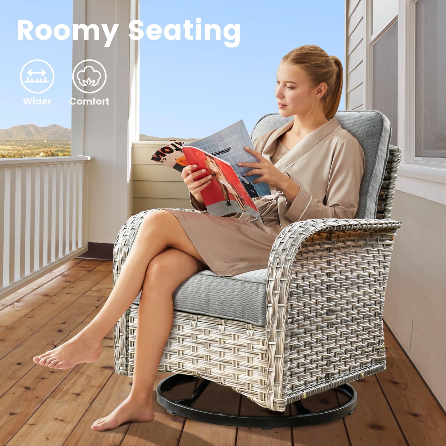 OVIOS 9 Pieces Outdoor Wicker Swivel Chair Set With Fire Table