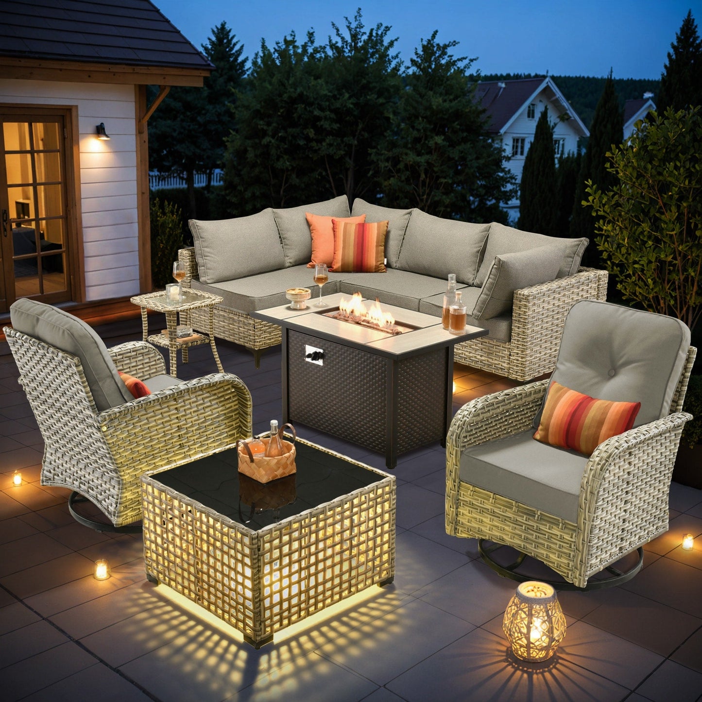 OVIOS 9 Pieces Outdoor Wicker Swivel Chair Set With Fire Table