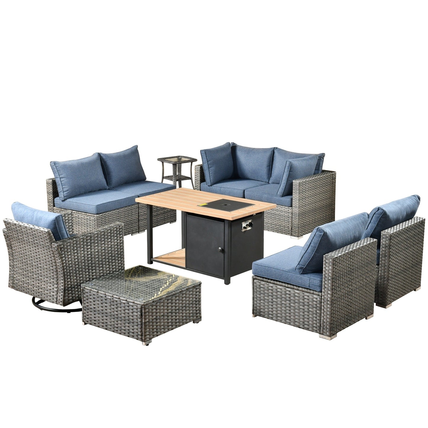 OVIOS Deep Seat Wicker 11-piece Sectional Set Swivel Chairs Fire Pit